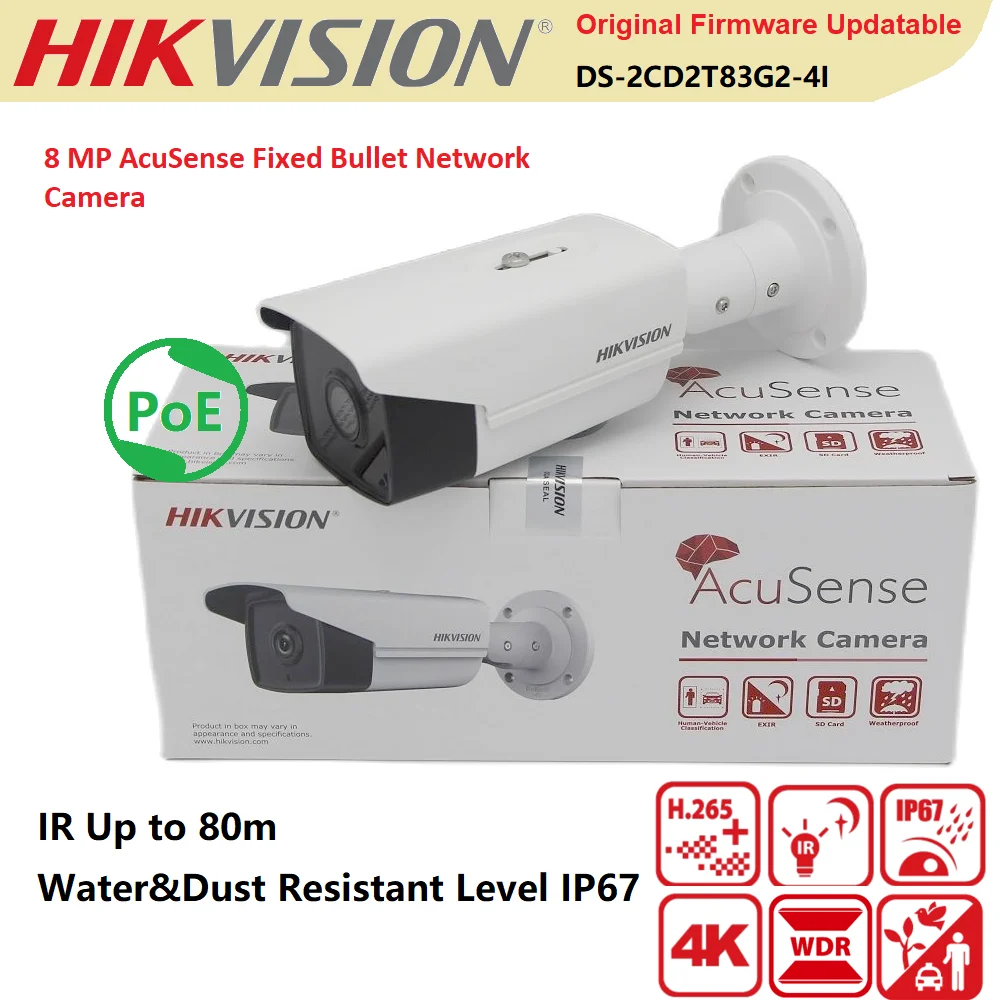 

Hikvision IP Camera 8MP/4K DS-2CD2T83G2-4I Original Fixed Bullet Network Cam AcuSense PoE IR 80Meters Outdoor Protection