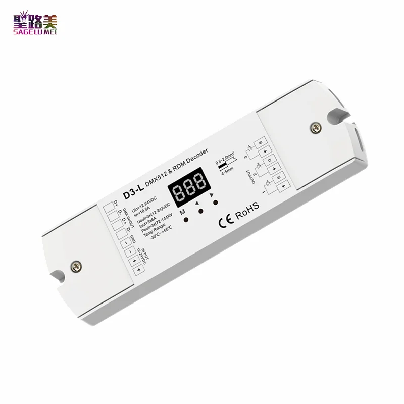 

D3-L 12-24V DC 3CH Constant Voltage DMX512 & 3 channel RDM Decoder Controller 3CH,6A/CH PWM frequency For RGB led light