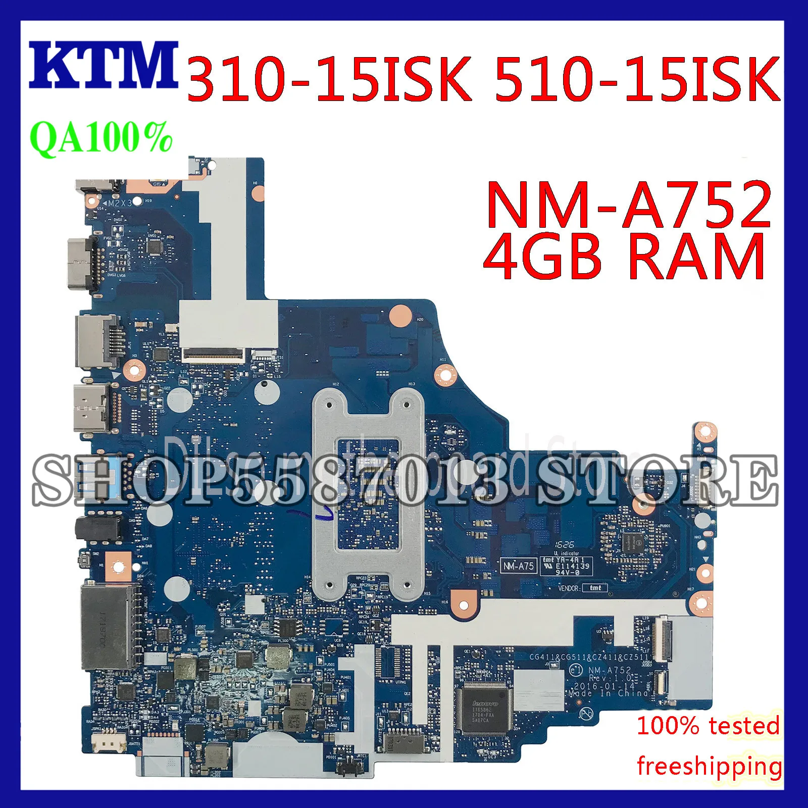 

KEFU NM-A752 motherboard for Lenovo 310-15ISK 510-15ISK laptop motherboard For I3-6100U/I3-6006U 4GB RAM Test OK