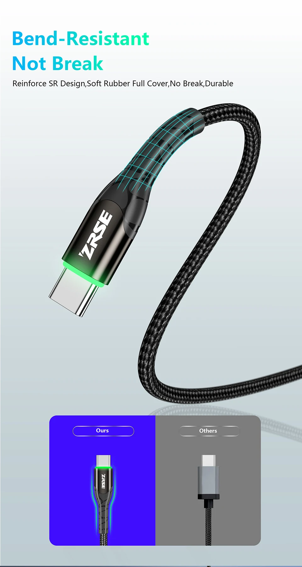 ZRSE светодиодный кабель usb type C 3M 2 м USB-C кабель передачи данных для быстрой зарядки телефона зарядное устройство Шнур для Xiaomi Redmi Note 8 7 huawei P30 Pro P20