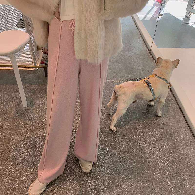 

Limiguyue Soft Wide Leg Cashmere Knit Pants Women Straight Loose Drawstring Long Pants Casual High Waist Sweater Trousers K3720