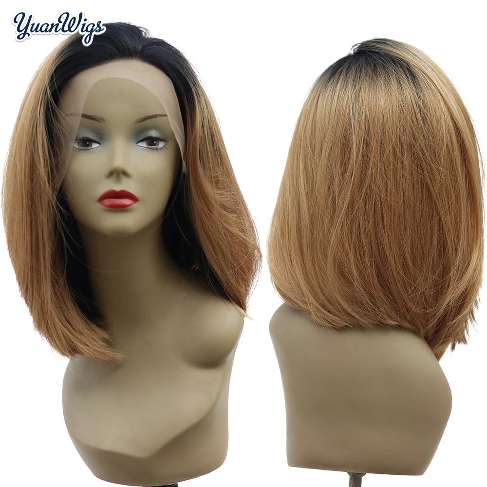 Юань Омбре черный блонд кружевной передний парик прямые волосы боб Gluless