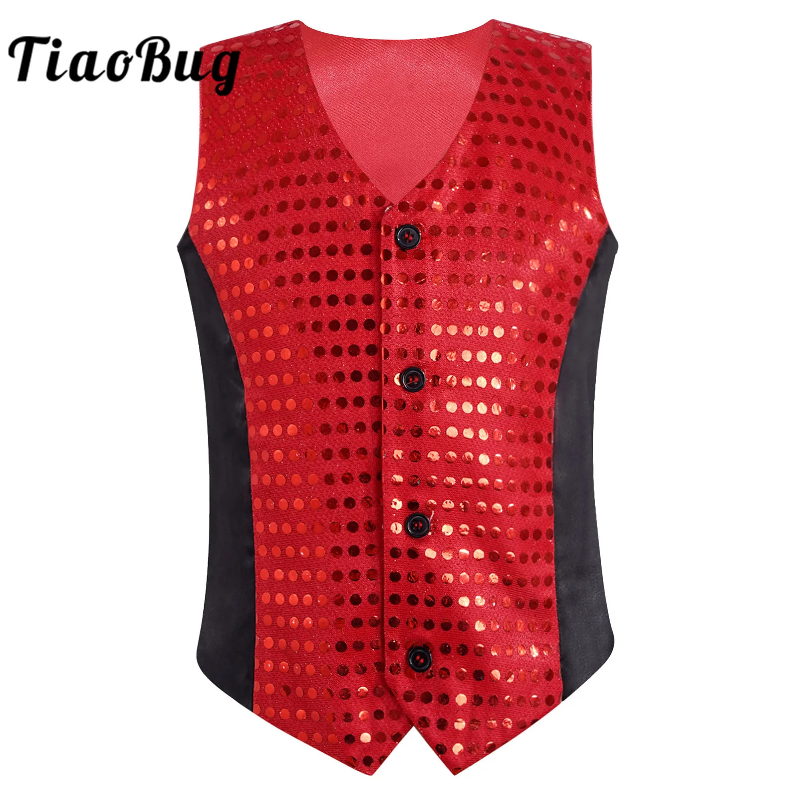 

Teens Kids Boys Shiny Sequin Vest V Neck Button Down Sleeveless Vests Boy Children's Waistcoat Jazz Dance Performance Costume