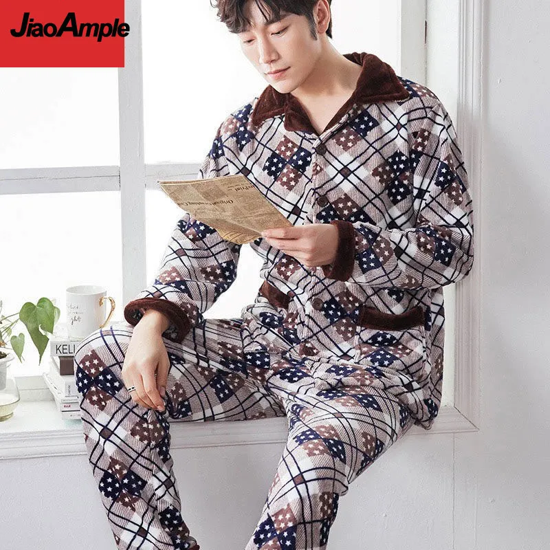 Pajamas Men's Winter Thick Flannel Long-sleeved Trousers Pijamas Two-piece Male Plaid Sleepwear Homewear Suit Casual Nightwear