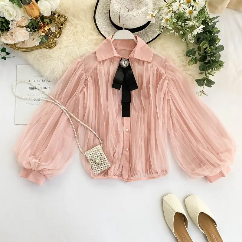 Женская шифоновая плиссированная блузка с длинным рукавом повседневная