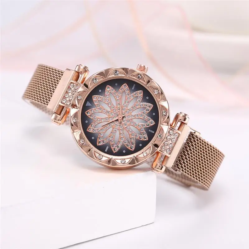 Розовое золото женские часы магнит магнитный сетчатый ремешок кварцевые алмаз