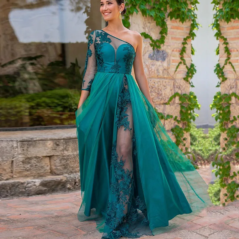 

Turquoise Evening Dresses 2020 One Shoulder Illusion Long Sleeve High Slit Elegant Women Formal Party Evening Gowns Prom Dresses