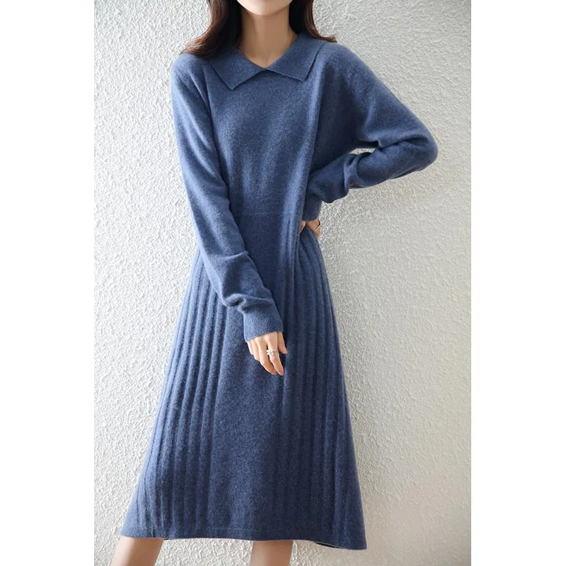 Zocept 2021 Fashion Peter Pan Collar Knit Sweater Dress 100% Pure Wool Women Autumn Winter Elegant Long Sleeve A Line Dresses