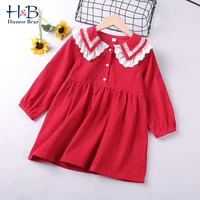 humor bear girls dress autumn winter lace collar long sleeve solid printed dresses sweet children princess dress for 2 6y