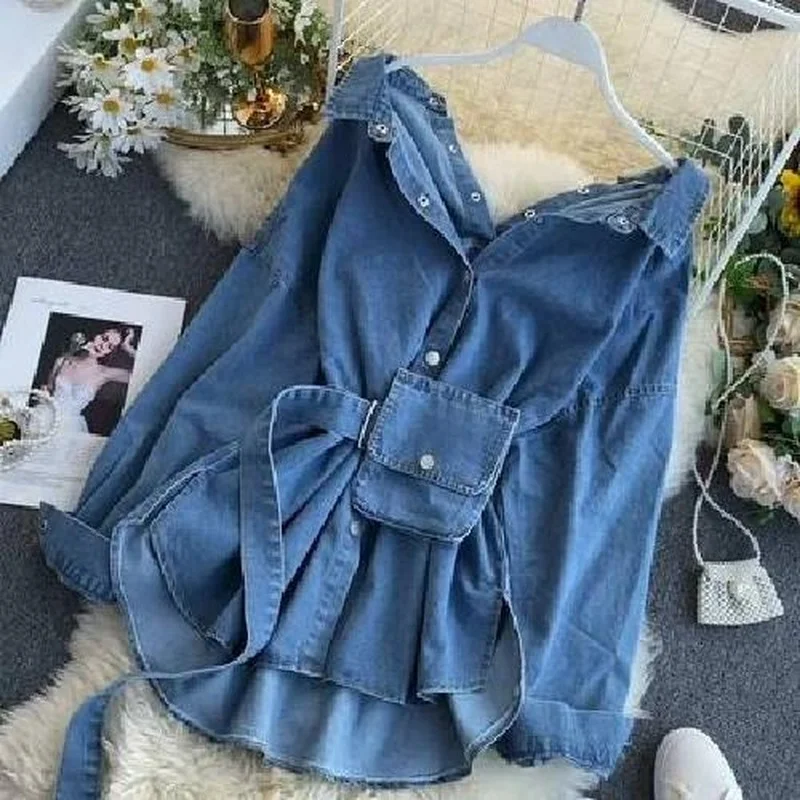 

Женская джинсовая куртка с отложным воротником, однотонная облегающая Повседневная куртка с длинным рукавом и поясом, верхняя одежда на ос...