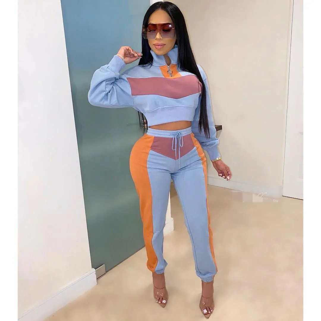 Контрастный цвет спортивный комплект из 2 предметов тренировочный костюм для