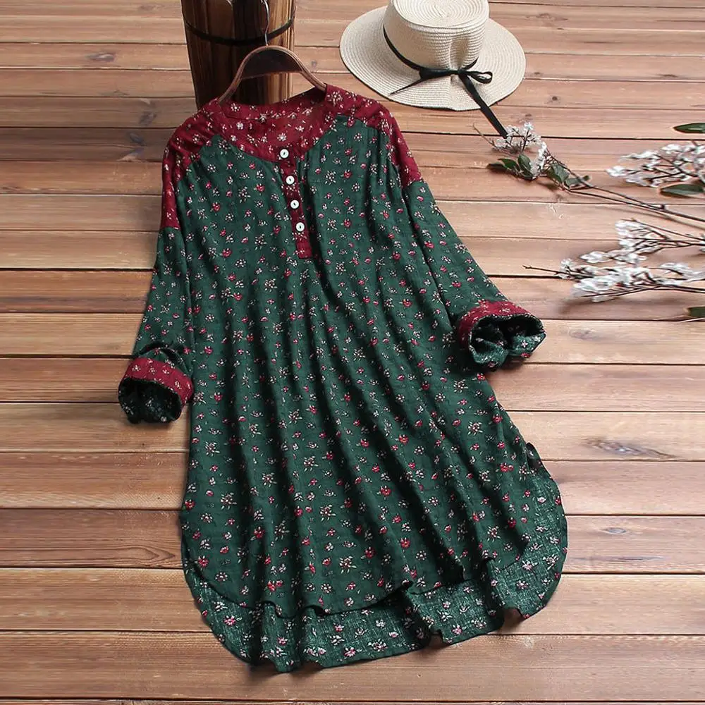 Женский топ с цветочным принтом круглым вырезом и длинным рукавом|Футболки| |