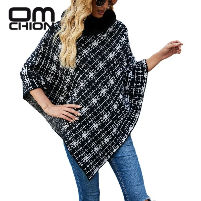 

OMCHION 2021 Winter Warm Plaid Fur Capes Cloak Ponchos For Women Oversized Shawls Wraps Cashmere Pashmina Female Tassel Mujer