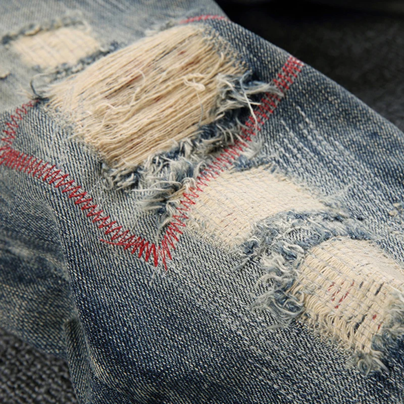 European Street Fashion Men Jeans High Quality Retro Destroyed Slim Fit Ripped Jeans Men Embroidery Designer Denim Punk Pants