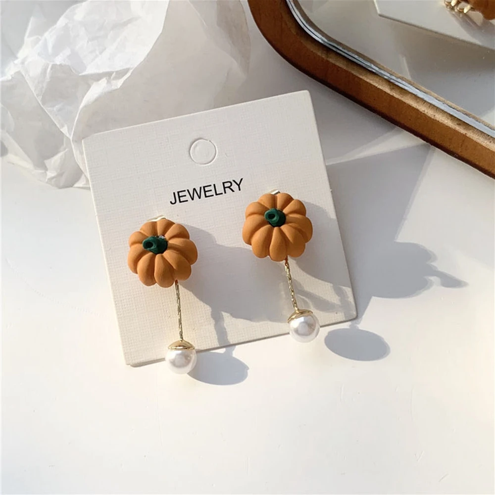 

Korea Fresh Cute Earrings Pumpkin Stud Ear Pearl Pendant Earrings Creative Holiday Party Jewelry Women Gift