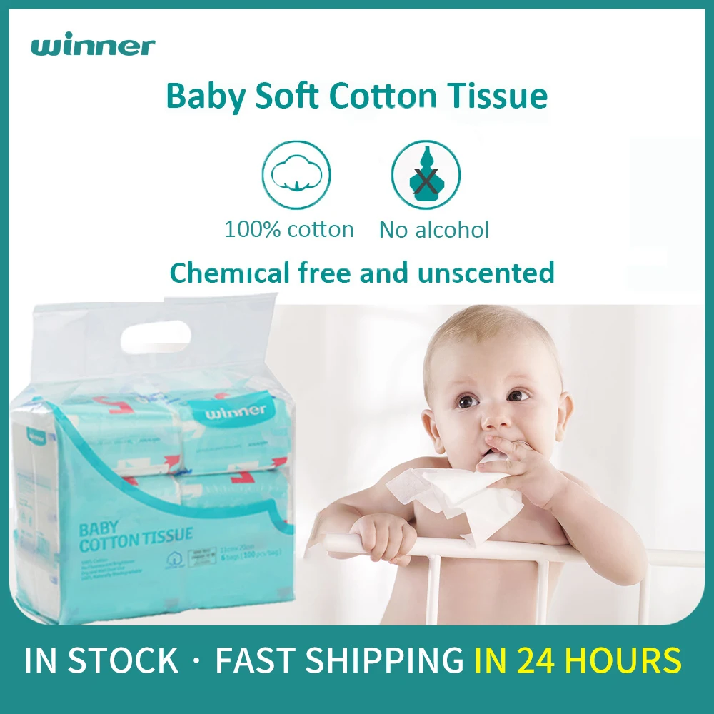 

Winner Baby Cotton Tissue Wipes 100% Purcotton Ultra-Soft Durable Gentle Clean Dry Wet Facial Tissue for Babies Care (6 Bags)