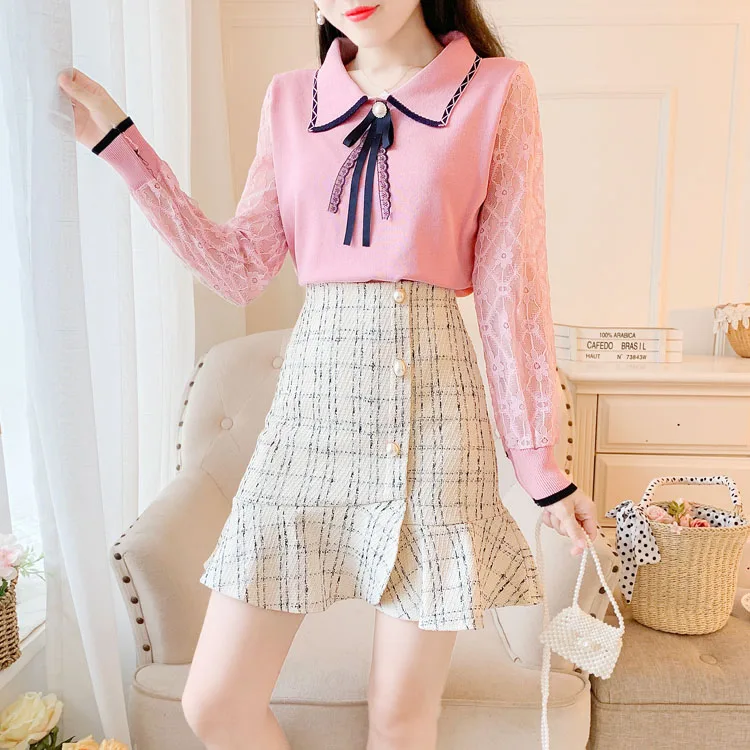 Женский комплект из 2 предметов модный вязаный Топ в стиле преппи с круглым