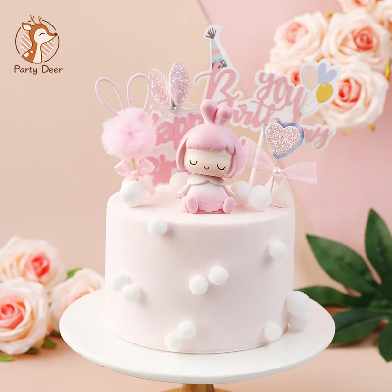 Розовый кролик уши девушка торт Топпер для детского душа день рождения украшения