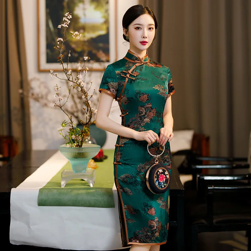 

Print Flower Lady Satin Cheongsam Vintage Button Evening Party Dress Gown Sexy Slim Qipao Mandarin Collar Chinese Style Vestidos