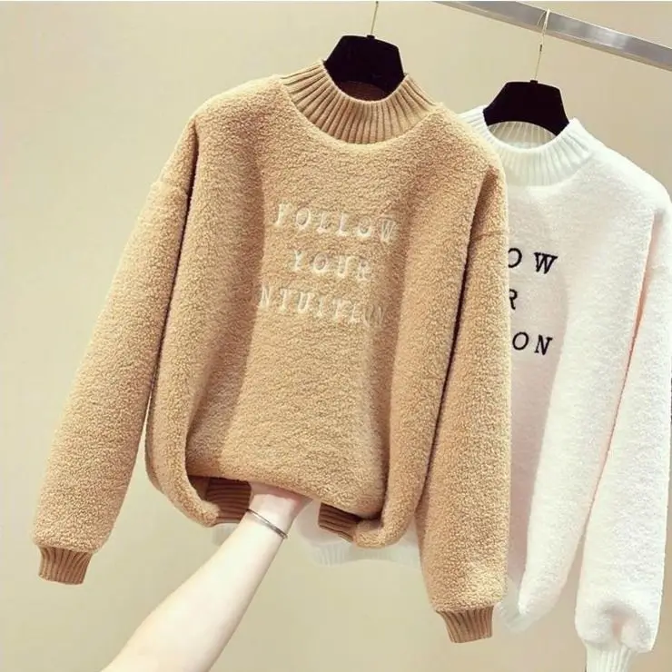 

Semi high collar Plush thickened sweater for women's winter 2019 new large Pullover Plush Lamb like top