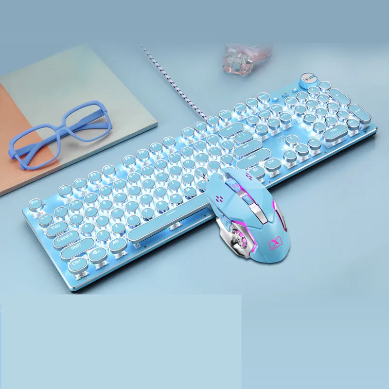 

Симпатичная бледно-голубой Вишневый порошок игровая механическая клавиатура 104 ключей синий переключатель Проводная клавиатура для насто...
