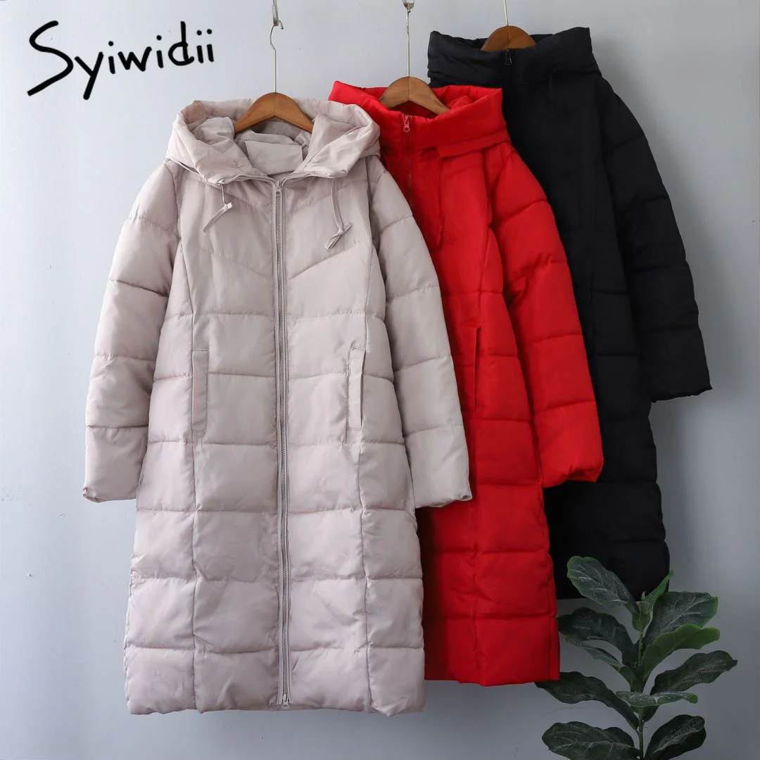 

2021Syiwidii Woman Long Parkas Fall Winter Coats Long Sleeve Cotton Harajuku Straight Jacket with Hood Elegant Outerwear MXL