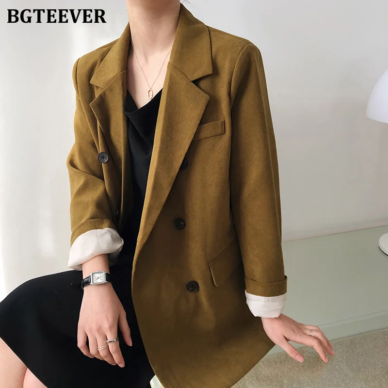 

BGTEEVER Elegant Women Matte Suit Jacket Pockets Single-breasted Solid Blazer Female Loose Autumn Office Coat Jacket 2020
