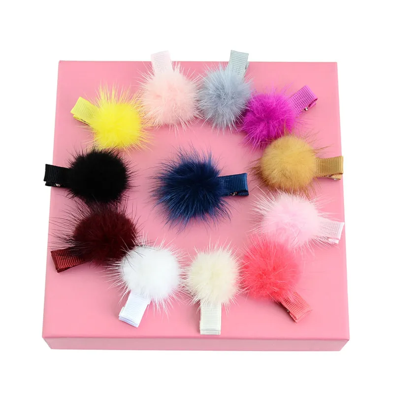 

12pcs/lot Mini Solid Fur Pompom Ball Girls Small Lovely Baby Hairclip Kids Hairpins Hair Accessories Pom Hairball Clips