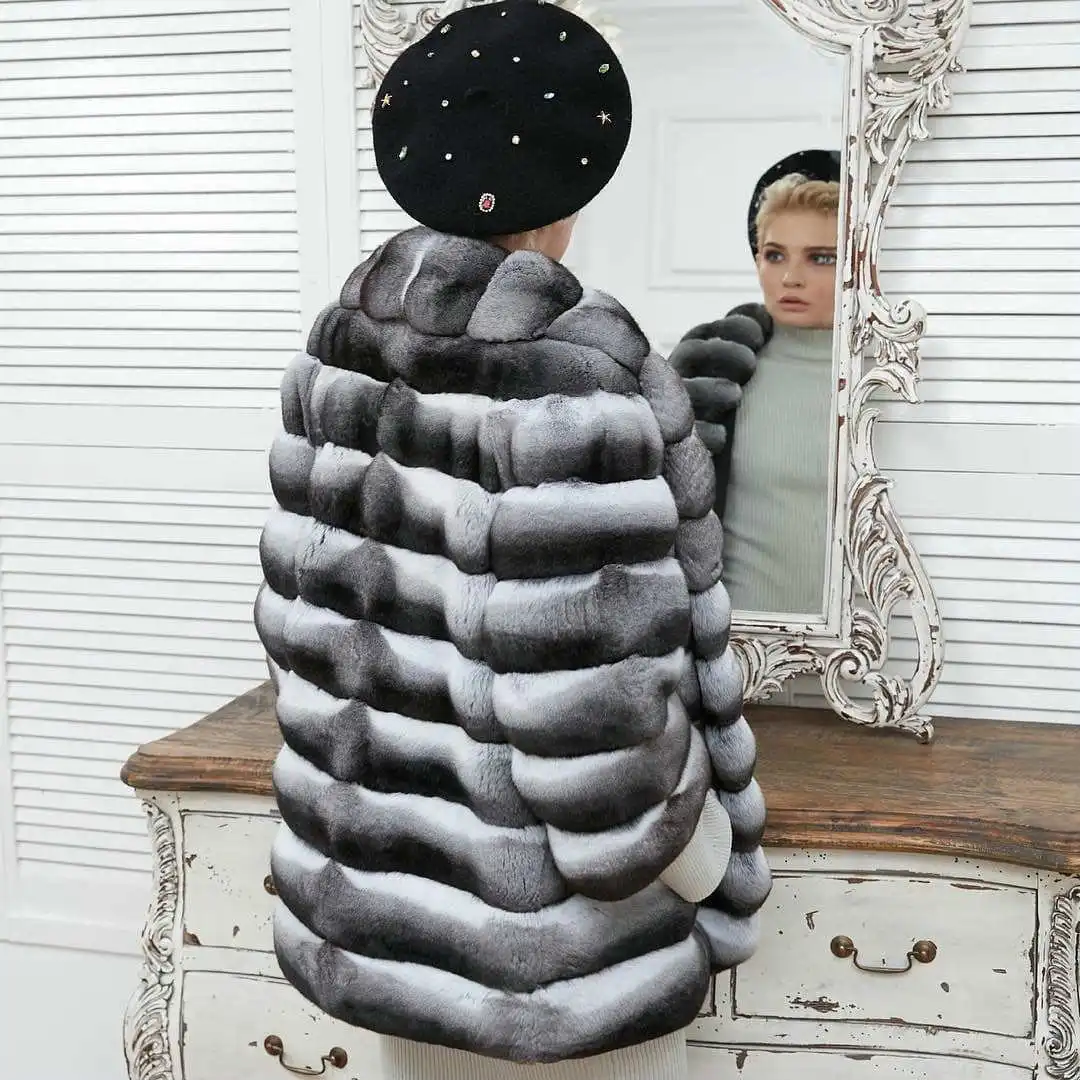 Mid-length Natural Rex Rabbit Fur Jacket Women Thick Fur Overcoat Winter New Chinchilla Color Genuine Rex Rabbit Fur Coat Woman