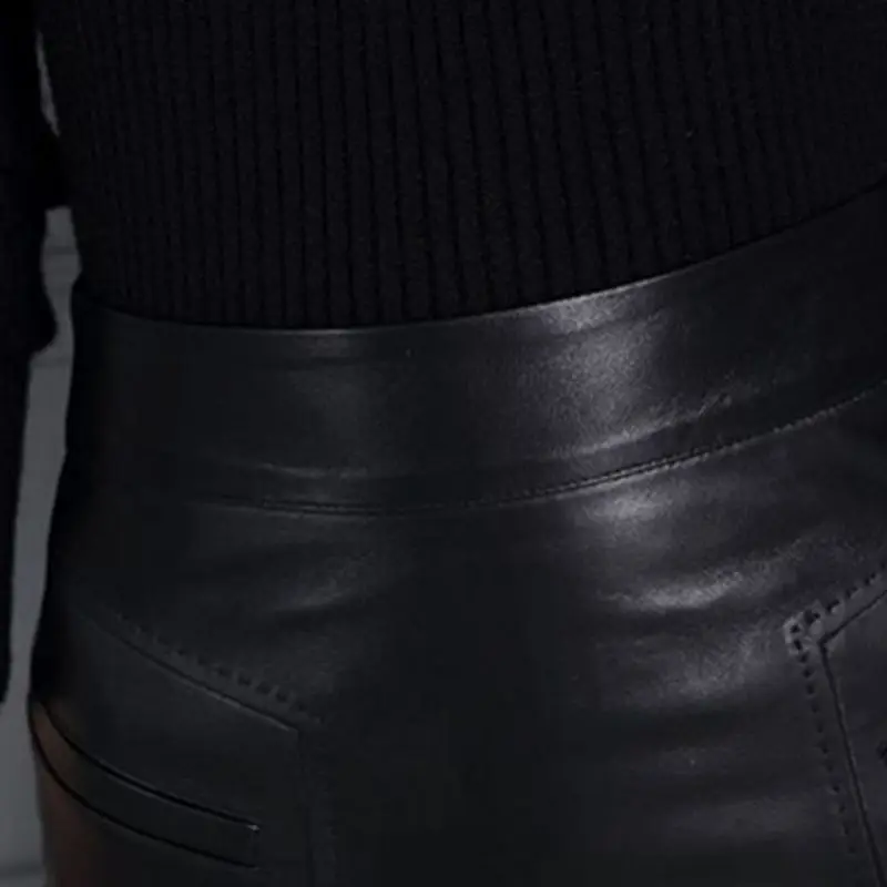 

Fashion Womens New Genuine Leather High Waist Casual Pencil Skirts Office Lady Pockets Zippers Knee Length Sheepskin Skirts