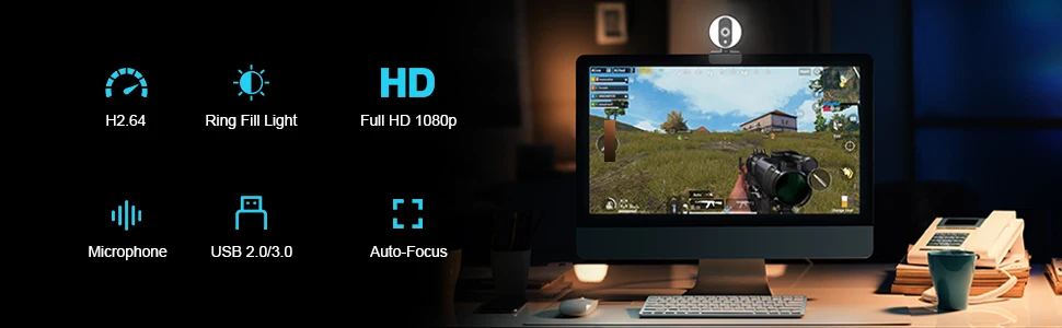 Веб-камера HD 1080 P, встроенный регулируемый кольцевой светильник, USB веб-камера с автофокусом для ноутбука, настольного чата, игры, Skype, потоковая веб-камера