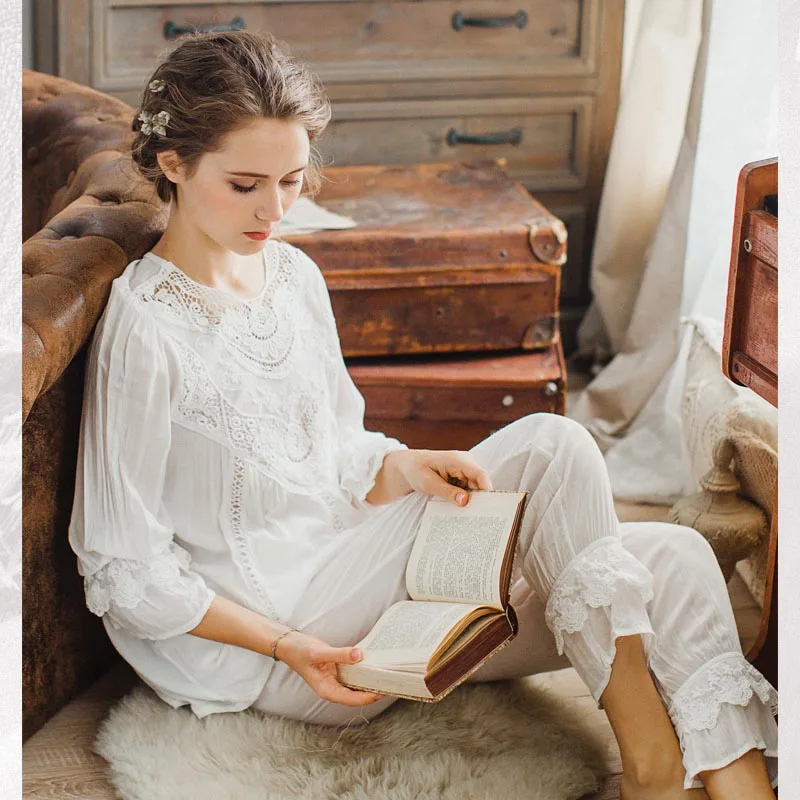 2 pieces women sleepwear French count wind Pajamas set cotton pajamas for female lace Princess bow home service Romatic suit
