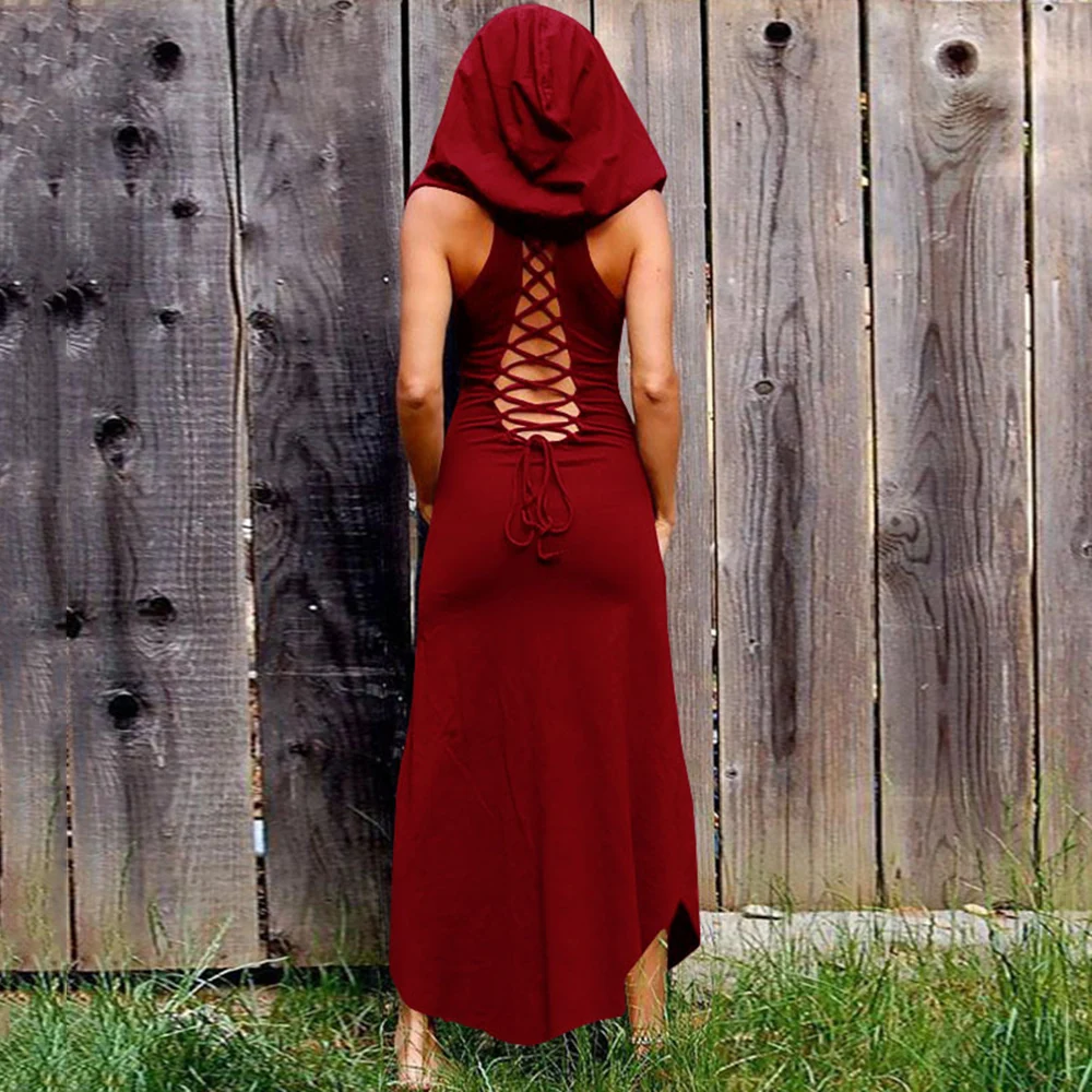 Женское платье с капюшоном без рукавов однотонное черное в готическом стиле |