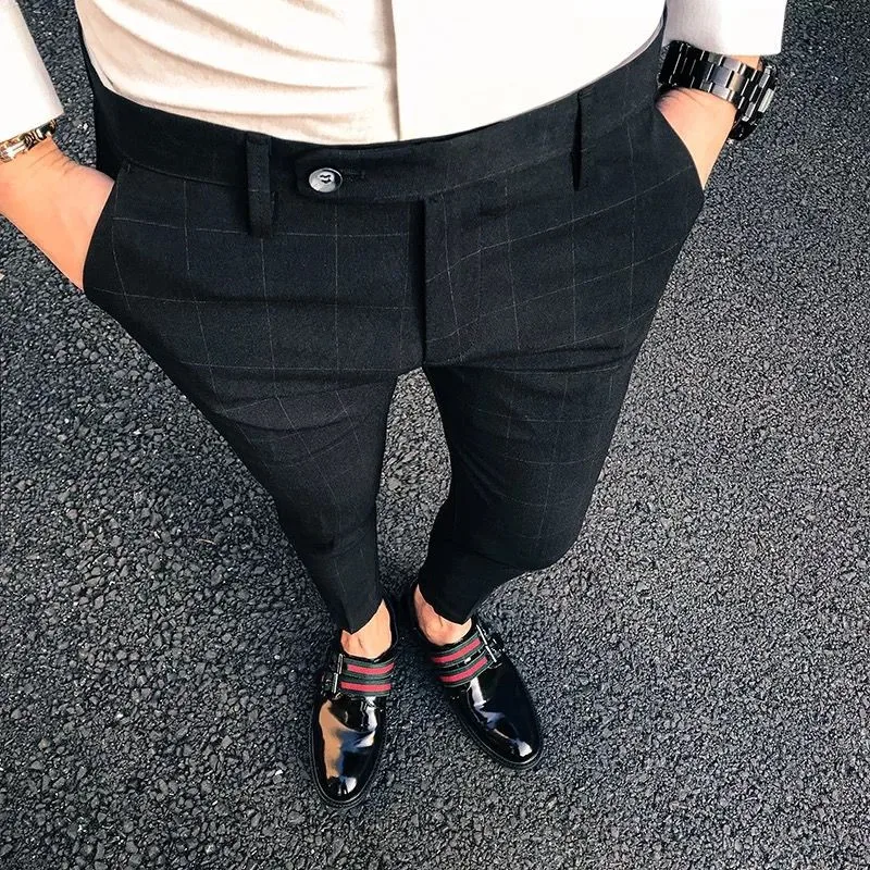 

New Striped Pencil Pants Mens New Casual Drawstring Trousers Male Street Fashion Breathable All-match Trousers Slim Fit Plaid