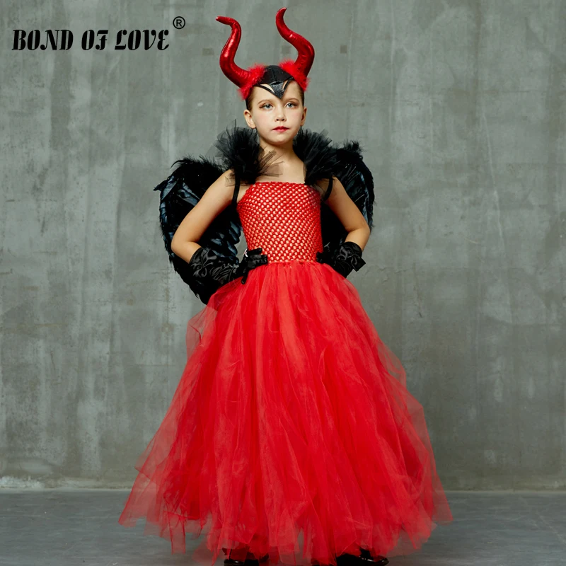 2022 NEW Kids Halloween Clothes Girls Red Devil angel Tutu Dress Dresses for Birthday Cosplay | Детская одежда и обувь