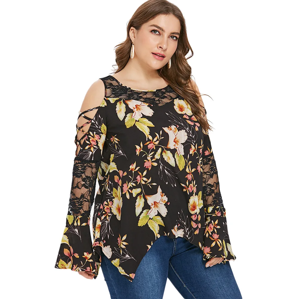 ROSEGAL Плюс Размер Женская кружевная панель цветочный принт футболка с