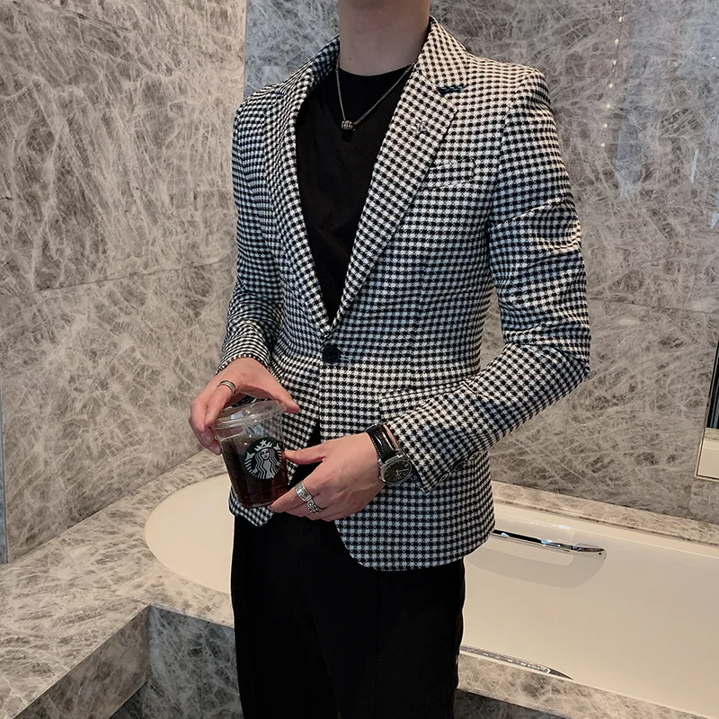 

2021 spring men's suit British style black and white check small suit slim fit Korean young man's coat fashion