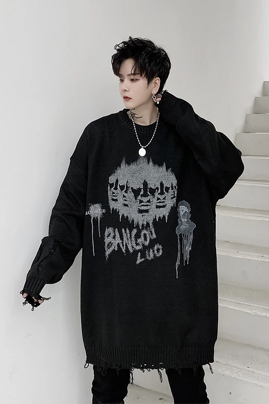 

Men Sweater Knitted 2020 Autumn Winter Clothes Casual Hip Hop Dark Gothic Sweaters Pullover Loose Streetwear Men Clothing Pull