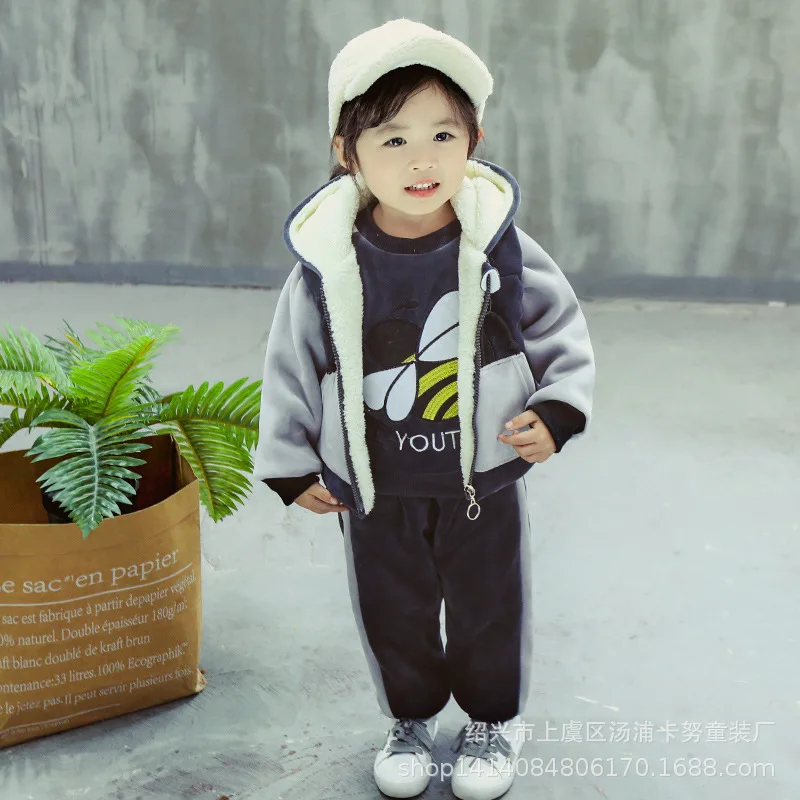 Baby Boys Girls Warm Set Winter Cartoon cat Kids Thickening Hooded Vest+Sweater+Pant Three-piece Sport Suits Children Clothing