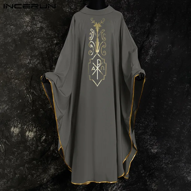 

INCERUN Muslim Kaftan Men Printed Long Sleeve Loose Dubai Cloak Irregular Robes Islamic Arabic Jubba Thobe Men Clothing S-5XL