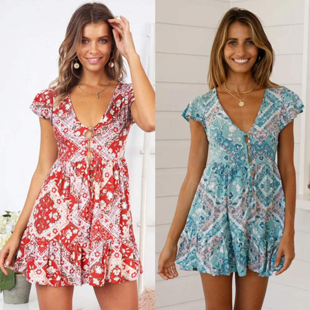 

CAIDA 2020 Summer New Deep V-neck Sexy Dress Button Print Short Sleeve Boho Style Dress Pleated Mini Dress ER&US Fashion women's