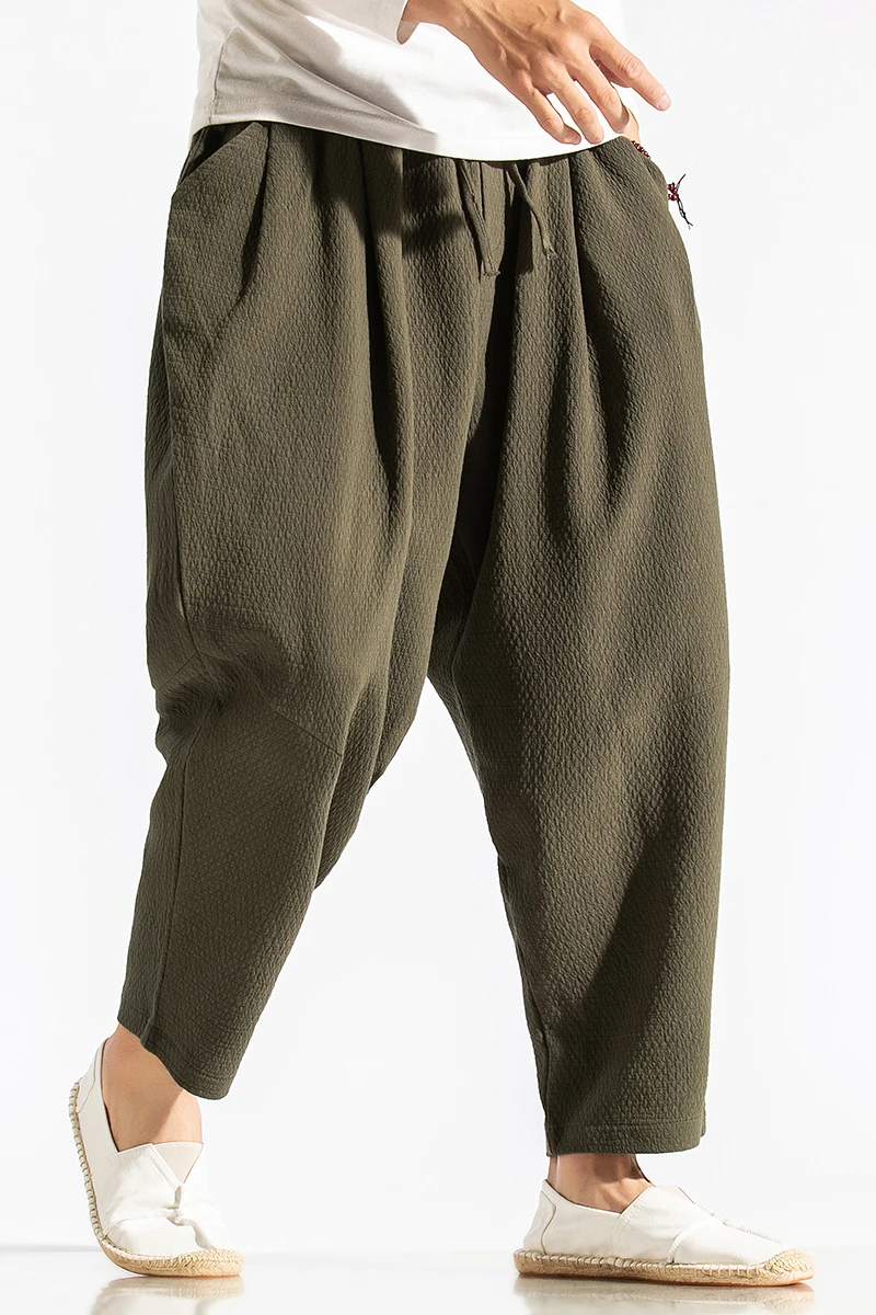 Брюки-султанки мужские из хлопка и льна льняные спортивные штаны с широкими