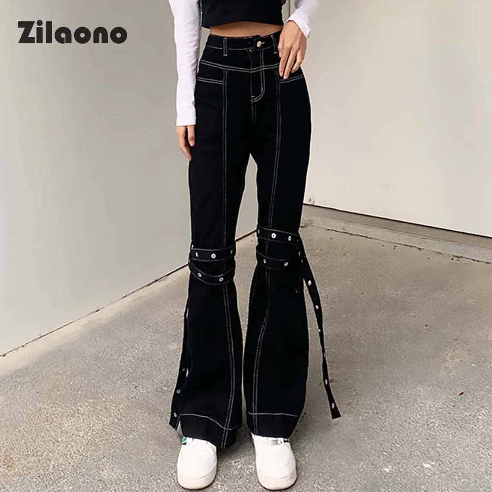 

Loose Spliced Metal decoration Lace Up Full Length Jeans High Waisted Casual Trousers Street Corner Button Flare Pants
