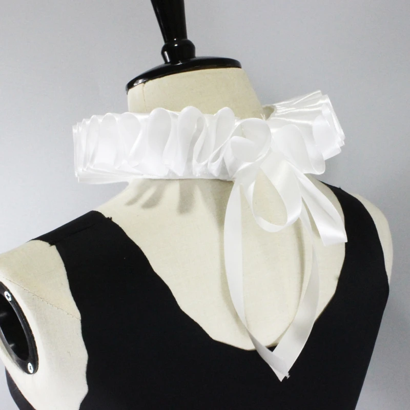 

Women Romantic Ribbon Bow Ruffled Fake Collar Victorian Renaissance Neck Ruff White Satin Clown Choker Cosplay Costume