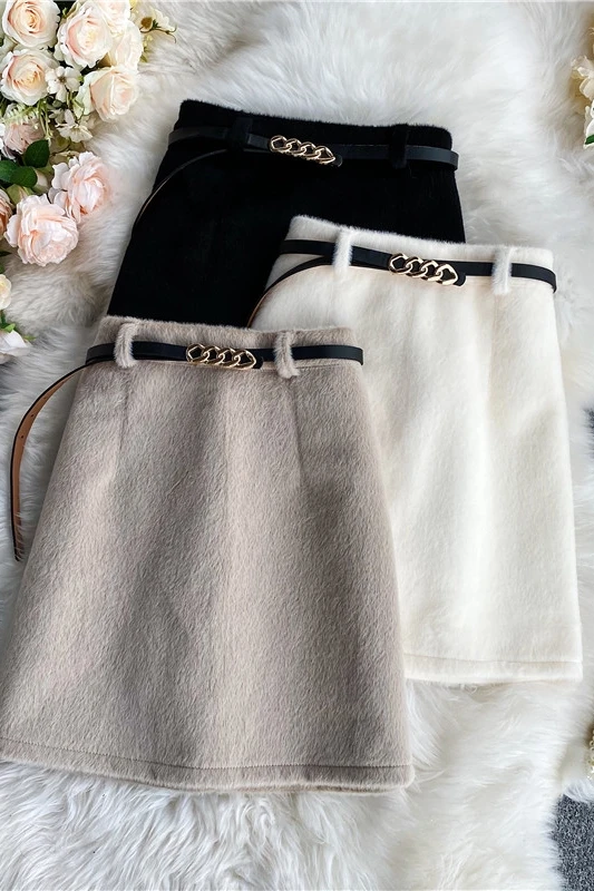 

Fashion Mini Skirts Women Autumn Winter Woolen Sashes Korean Aweet Solid Girl Short Skirts Ladies