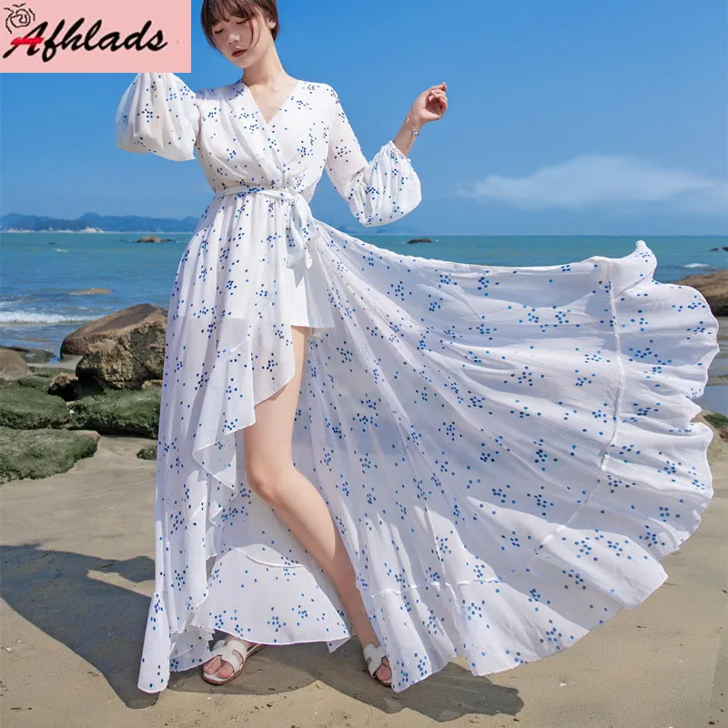

New Long Sleeve Chiffon Printed V-Neck Women's Clothing Seaside Holiday Beach Fairy Long Sleeve Bohemian Asymmetrical Dress