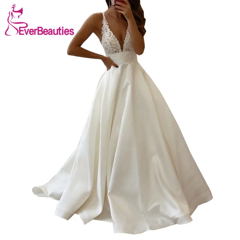 Robe De Mariee Свадебные платья с карманами 2020 v образный вырез атласная аппликация