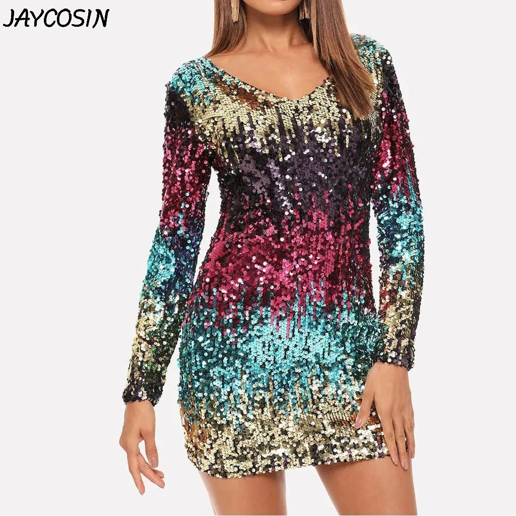 JAYCOSIN женское платье сексуальное расшитое блестками блестящий цвет v образный
