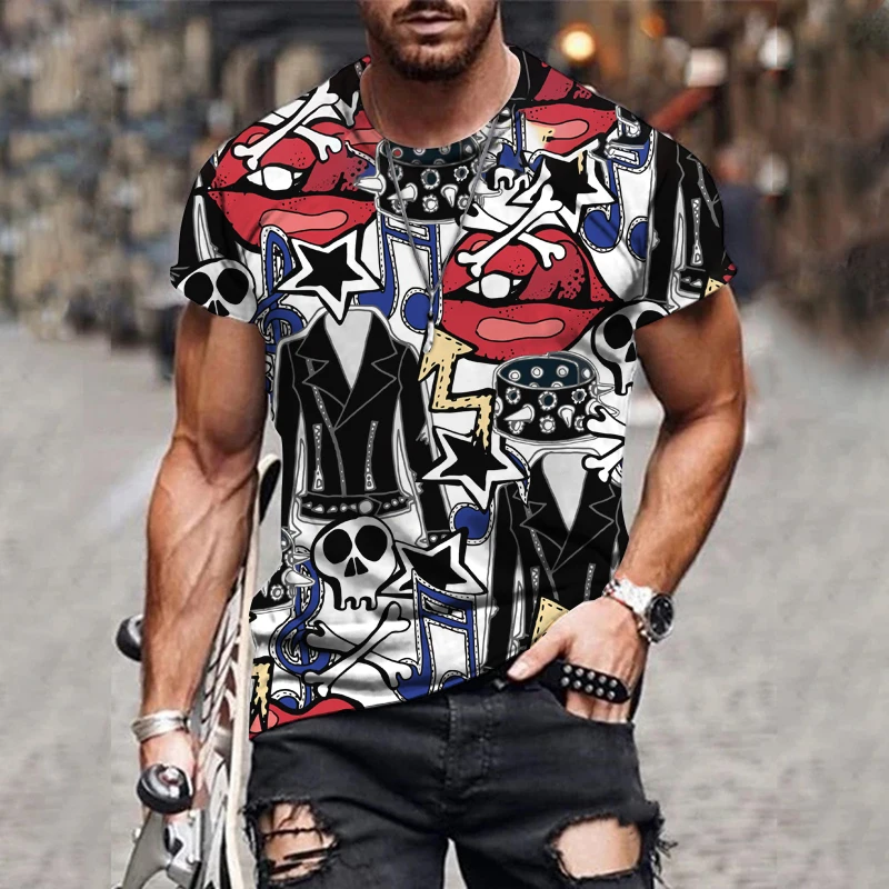 

Men's street graffiti skull letter element HD 3D printing pattern summer men's short-sleeved T-shirt Size XXS-6XL