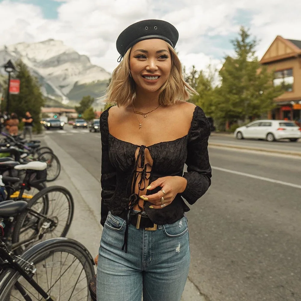 Женские блузки на шнуровке одежда с длинным рукавом и v-образным вырезом черная